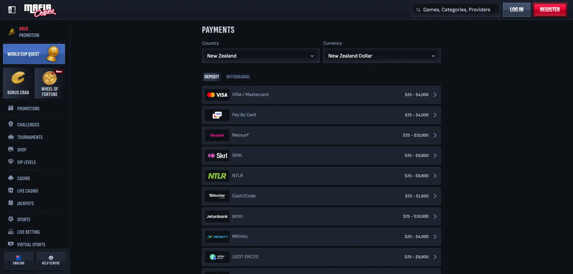 Mafia Casino NZ payment methods — fast NZD deposits and withdrawals