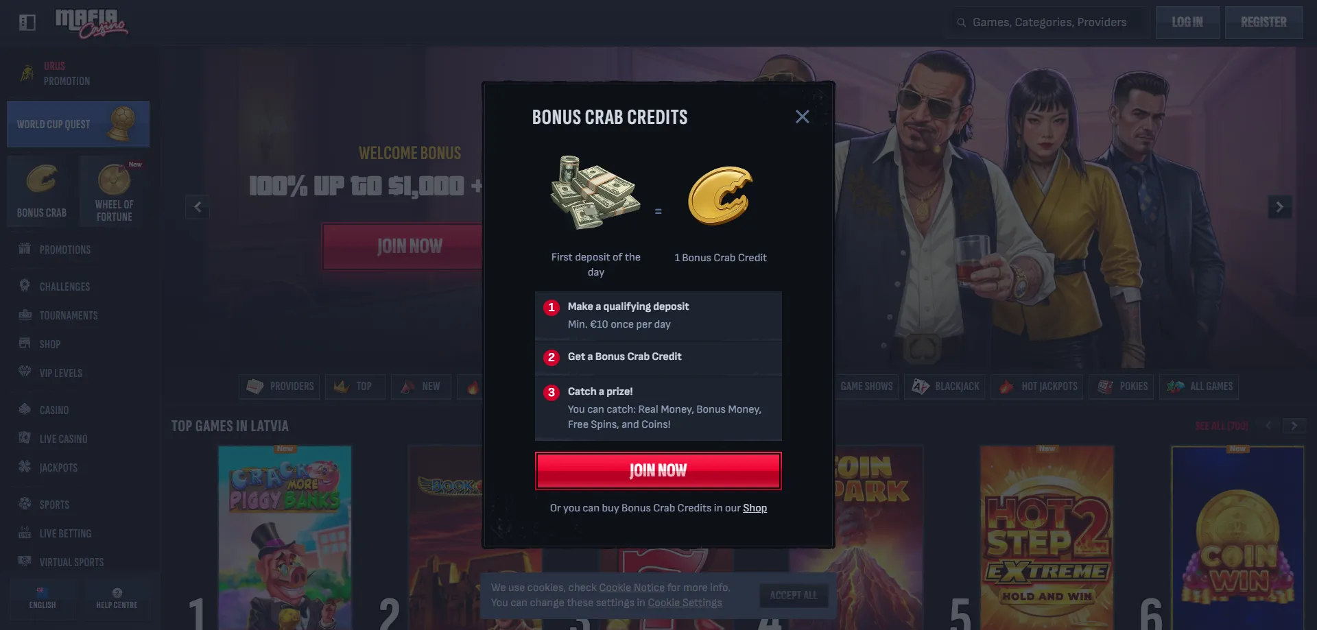 Mafia Casino NZ welcome bonus — 250% up to $4000 plus free spins